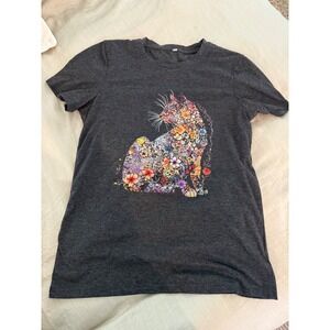 Floral Cat Graphic T Shirt Artsy‎ Animal Lover Tee Short Sleeve Top